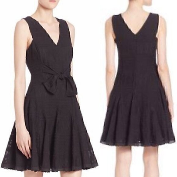 REBECCA TAYLOR Tie Embroidered Gauze Dress Black Geo Eyelet Boho Midi Fit Flare - Picture 1 of 16